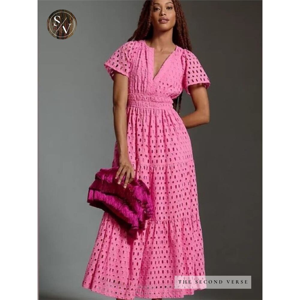 Anthropologie Pink Eyelet Midi Dress